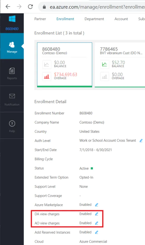 EA portal Manage page with the DA and AO view charges toggles enabled for the enrollment