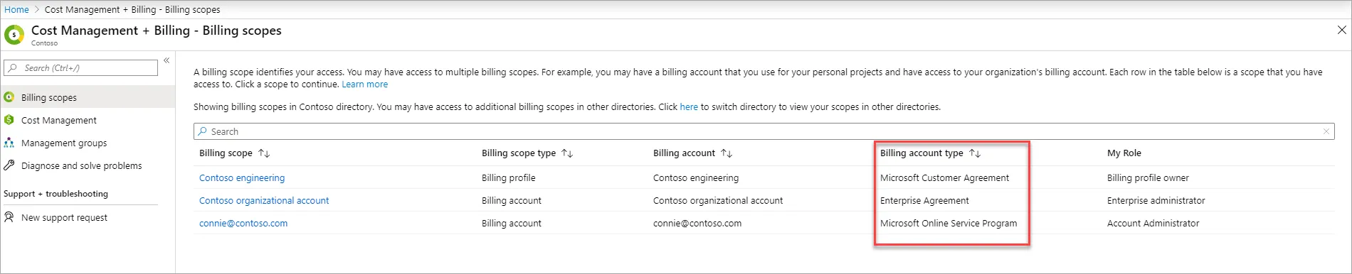 Azure portal Cost Management + Billing page showing where to identify your billing account type