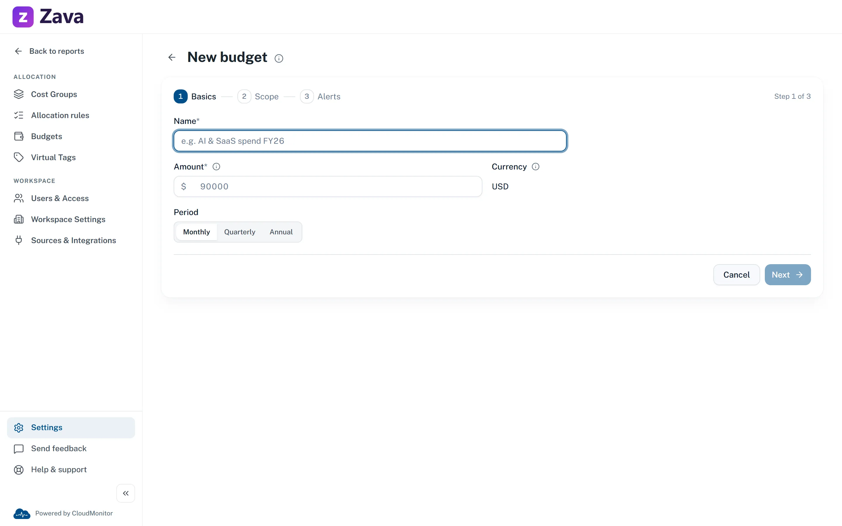 CloudMonitor New budget form showing amount, currency, and monthly, quarterly, and annual period choices
