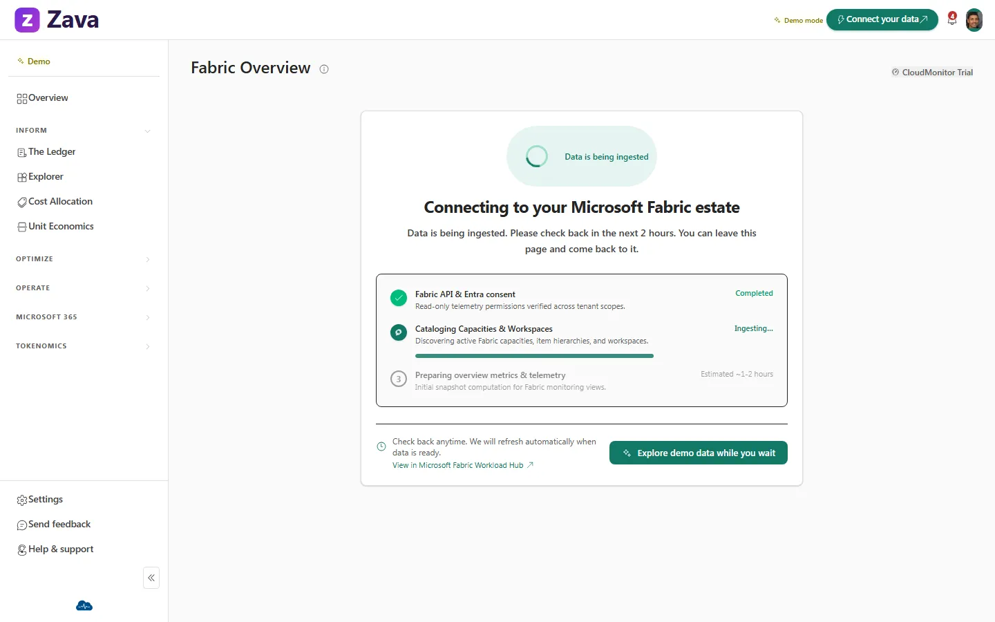 CloudMonitor Microsoft Fabric estate connection and automated telemetry ingestion status
