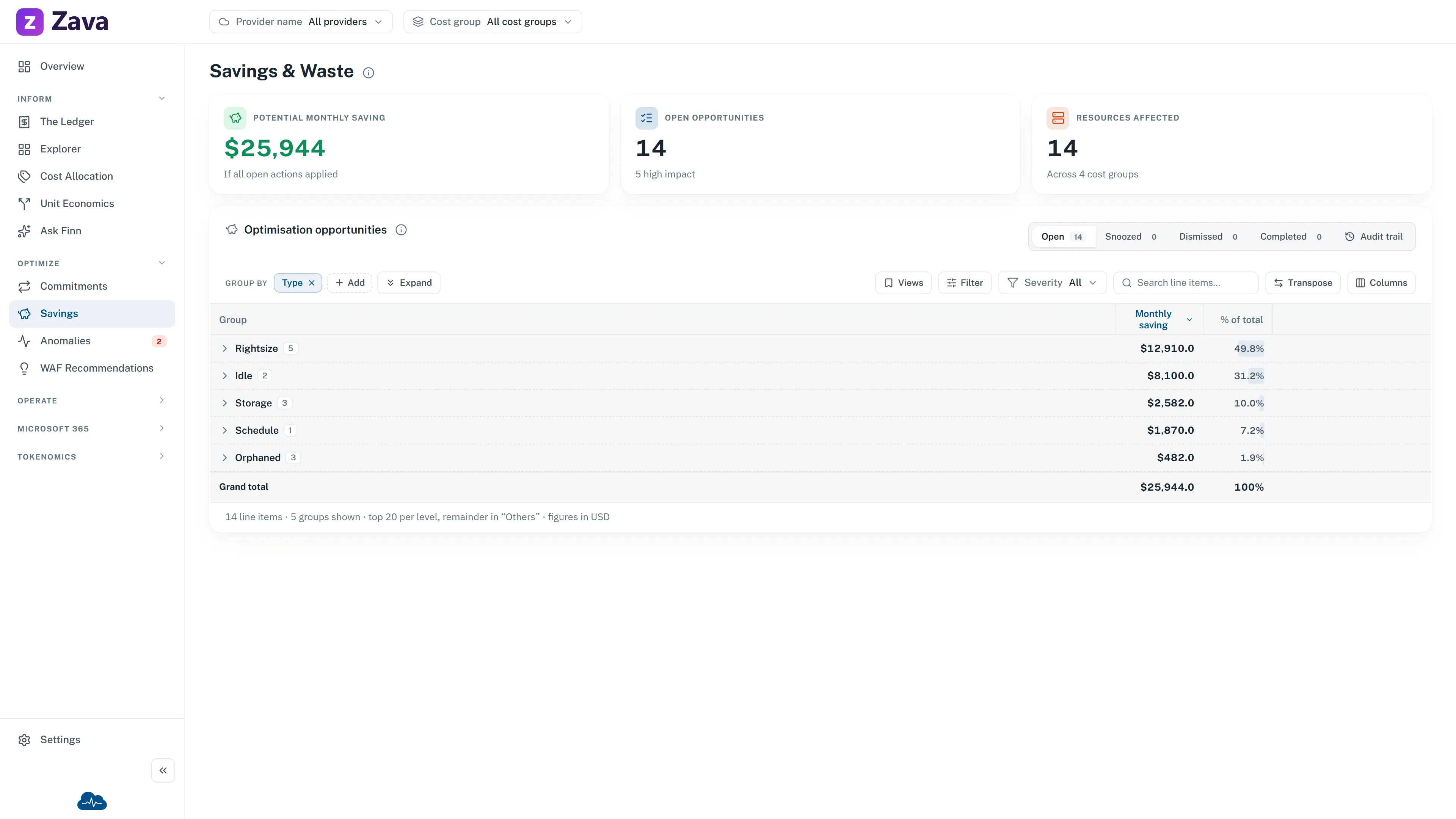Example Savings and Waste showing potential monthly savings and open opportunities