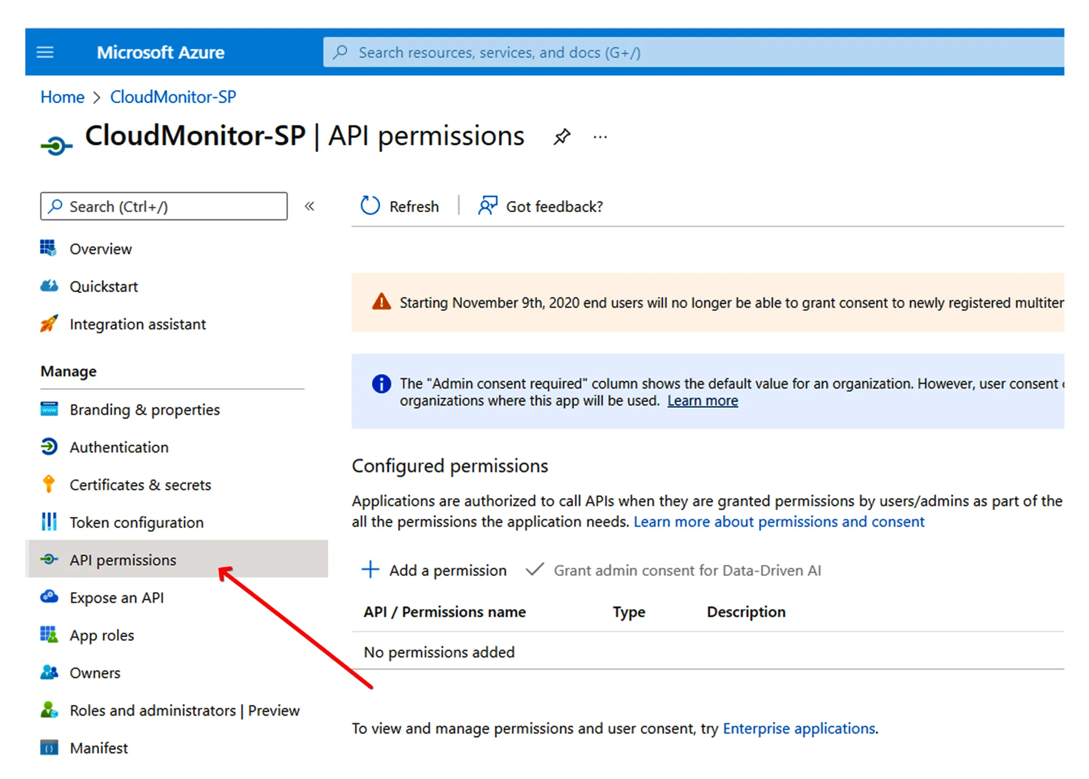 Azure CloudMonitor-SP service principal page with the API permissions item highlighted in the left sidebar