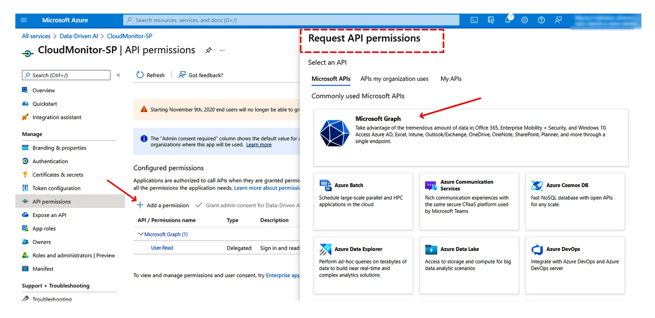 API permissions blade with the +Add a permission button opening the Request API permissions drawer