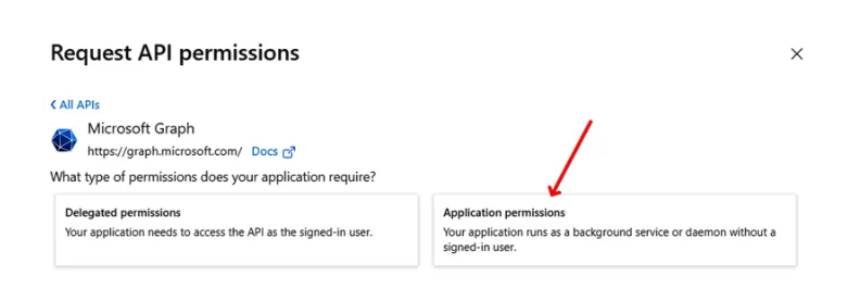 Request API permissions drawer with Microsoft Graph and Application permissions selected