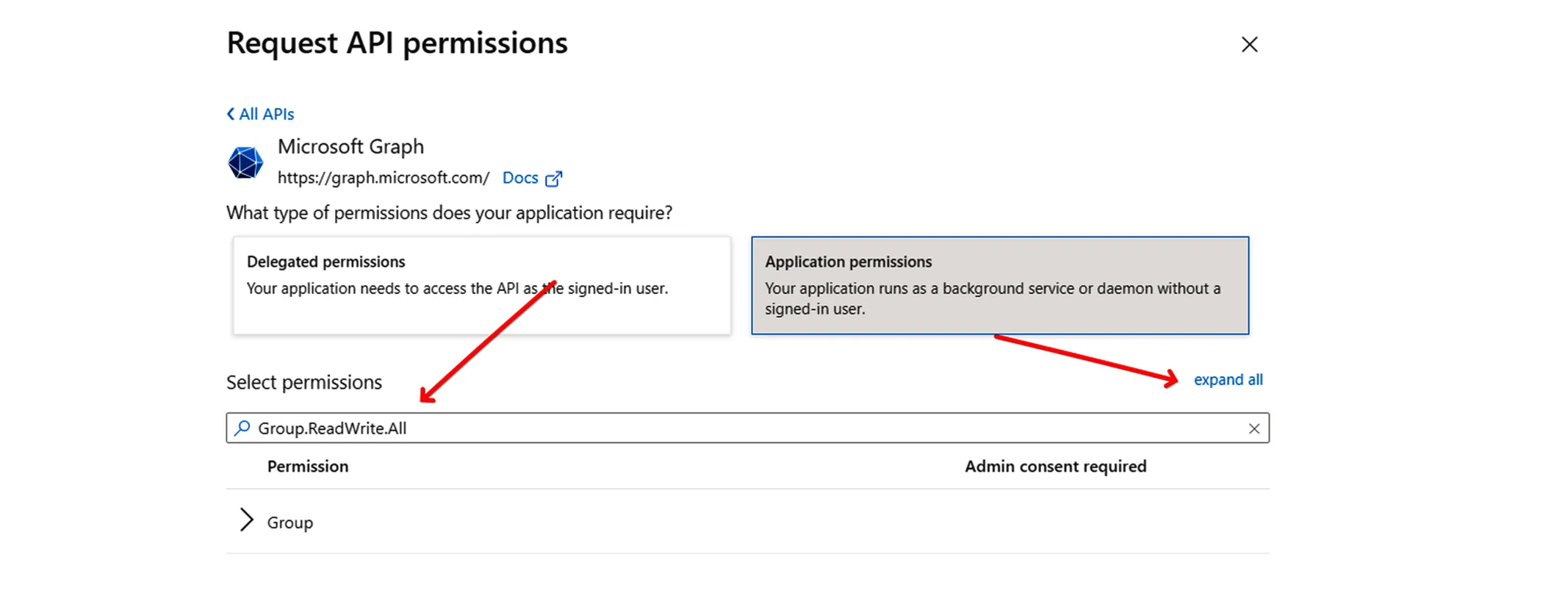 Select Permissions search box used to find Microsoft Graph permissions with the expand all option visible