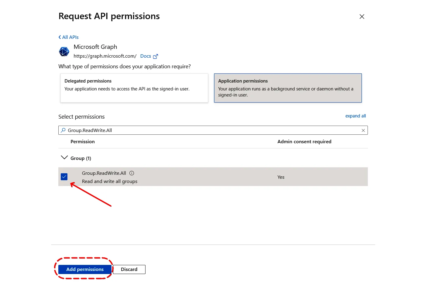 Required Microsoft Graph permissions for the Teams bot ticked, with the Add permissions button ready