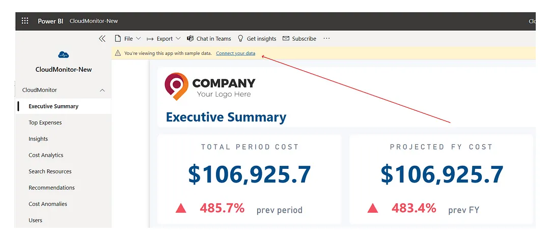 Power BI report dashboard banner with the "Connect your data" link at the top of the page