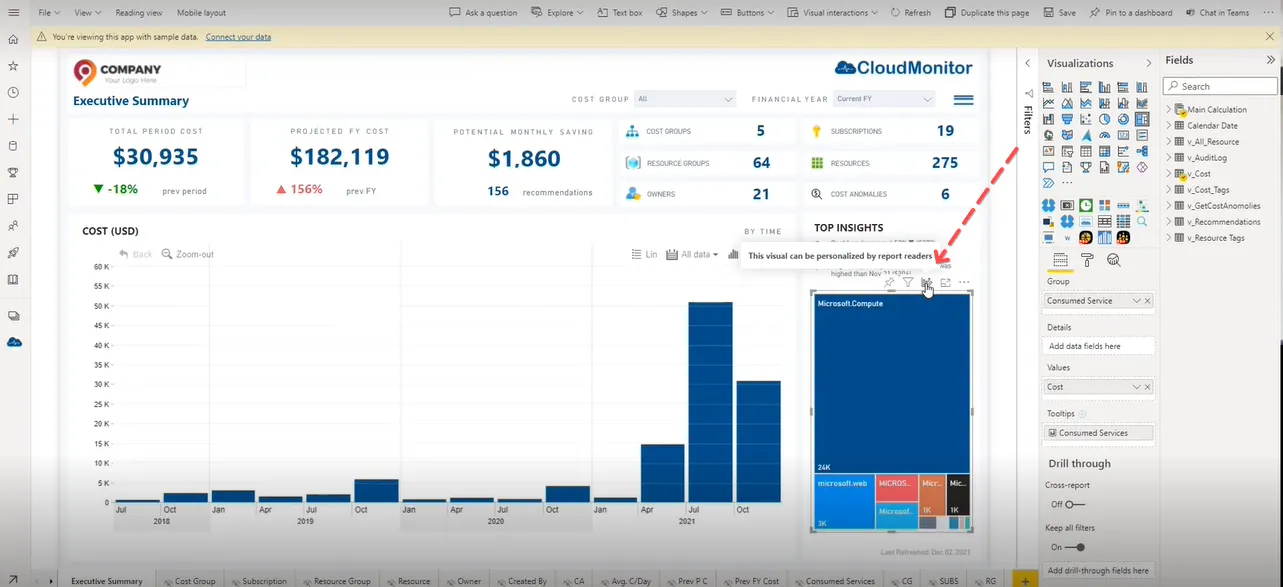 Power BI report in edit mode showing chart layout customization options