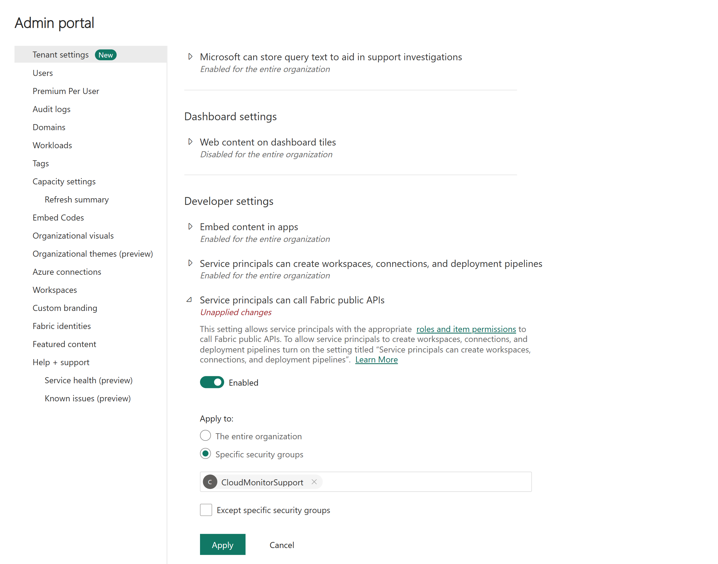 Fabric admin portal tenant settings with Service principals can call Fabric public APIs expanded, enabled, and applied to a specific security group