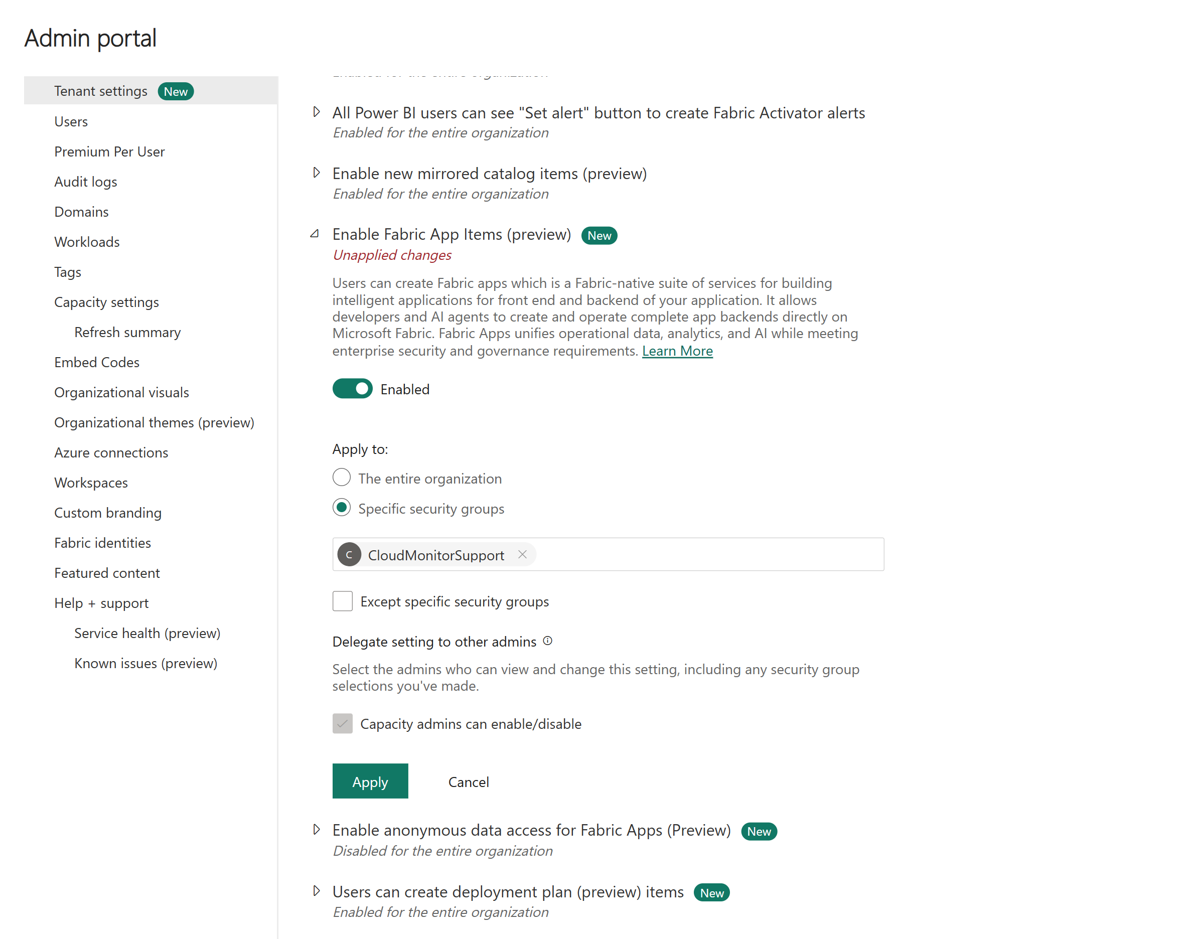 Fabric admin portal tenant settings with Enable Fabric App Items (preview) expanded and applied to a specific security group