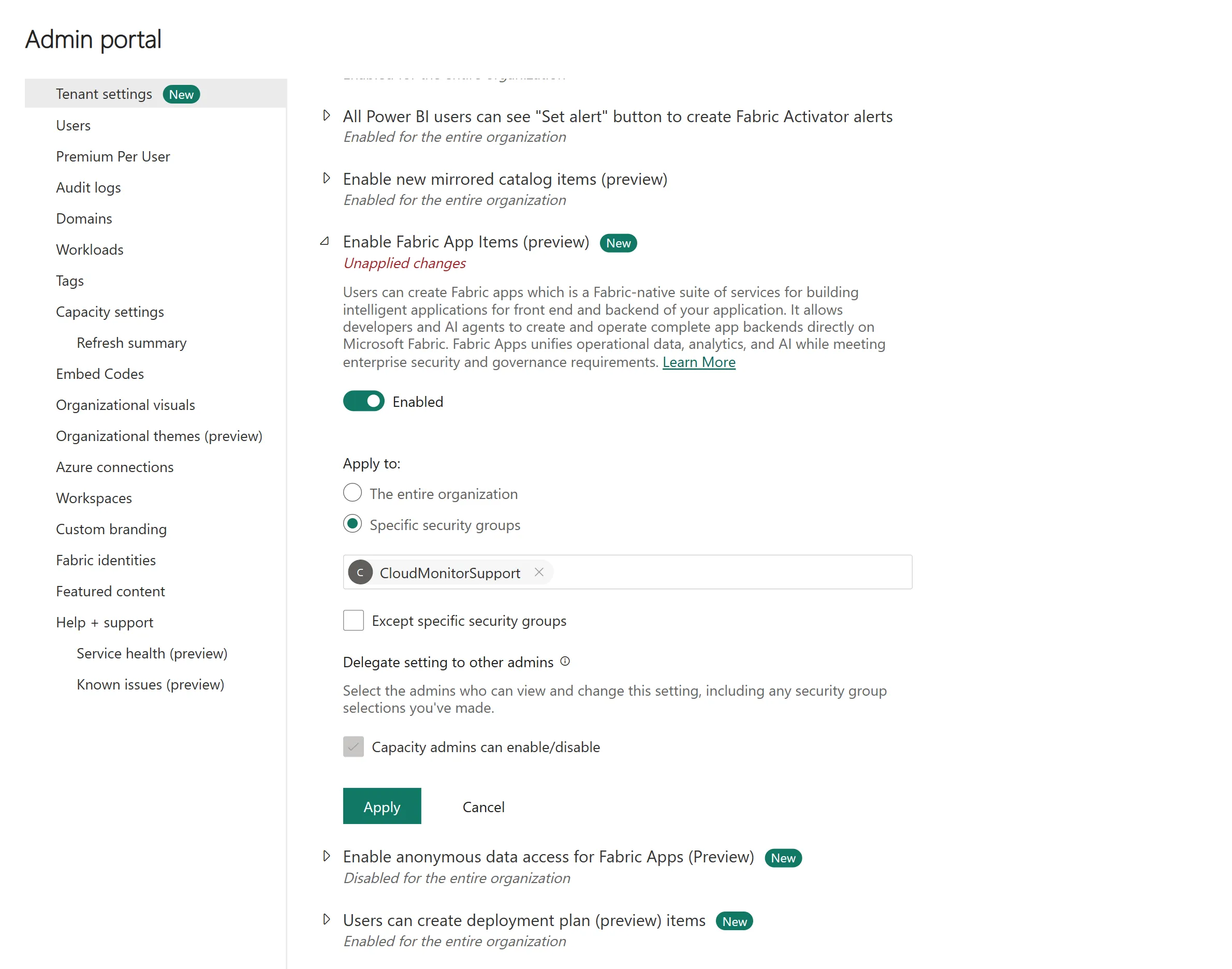Fabric admin portal tenant settings with Enable Fabric App Items (preview) expanded and applied to a specific security group