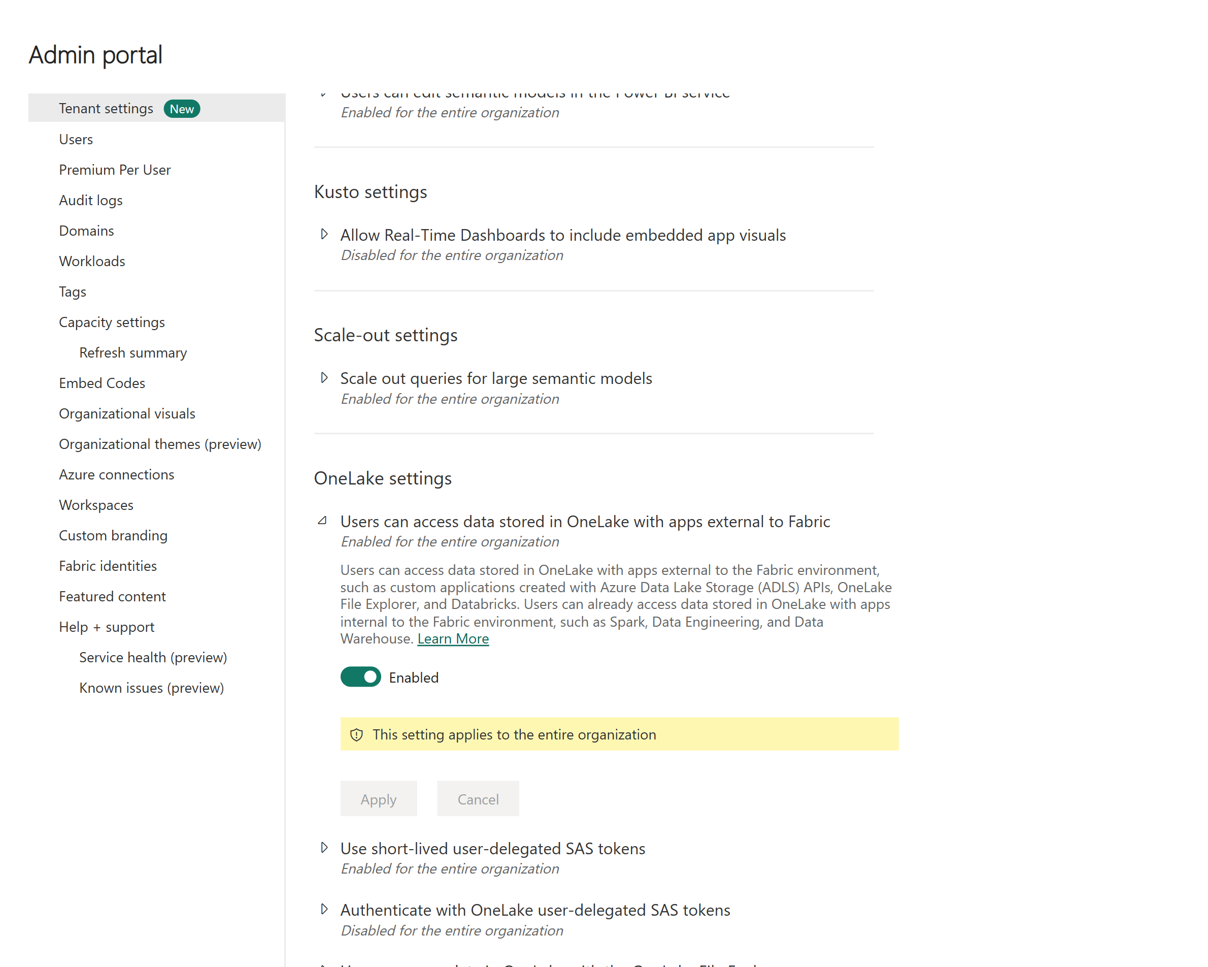 Fabric admin portal tenant settings with the OneLake external apps setting expanded and enabled, noting that it applies to the entire organization