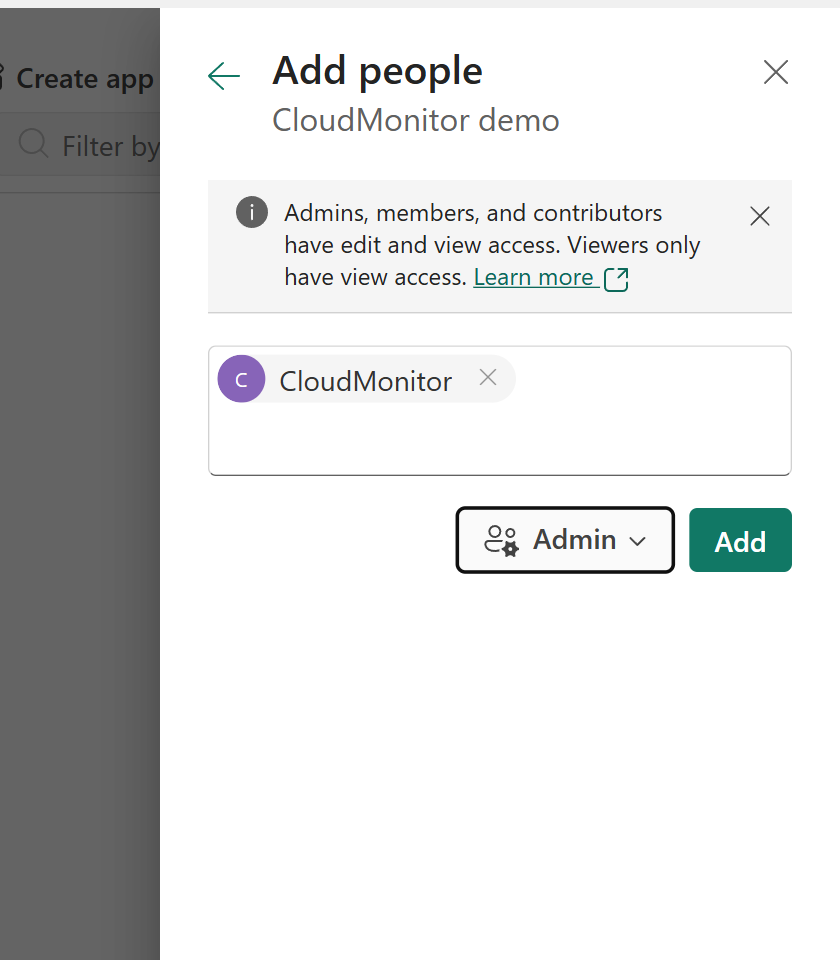 Fabric Add people pane for a workspace with the CloudMonitor application selected and the role set to Admin