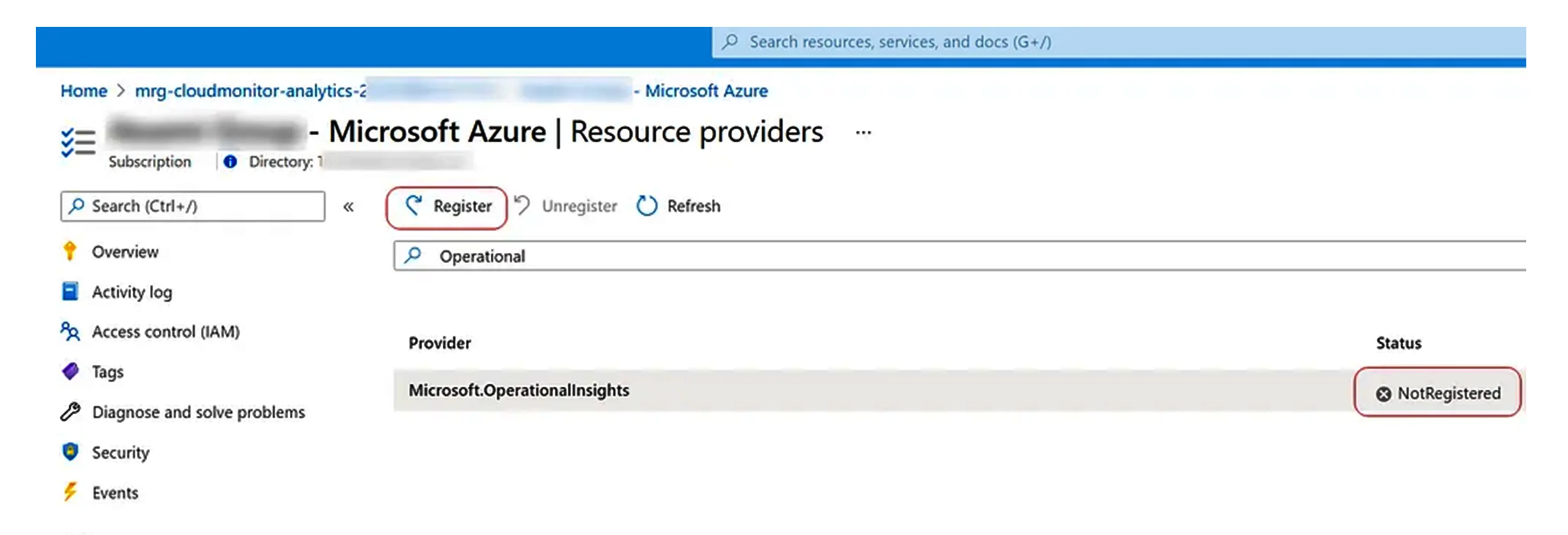Azure subscription Resource providers list filtered to Microsoft.OperationalInsights showing NotRegistered status