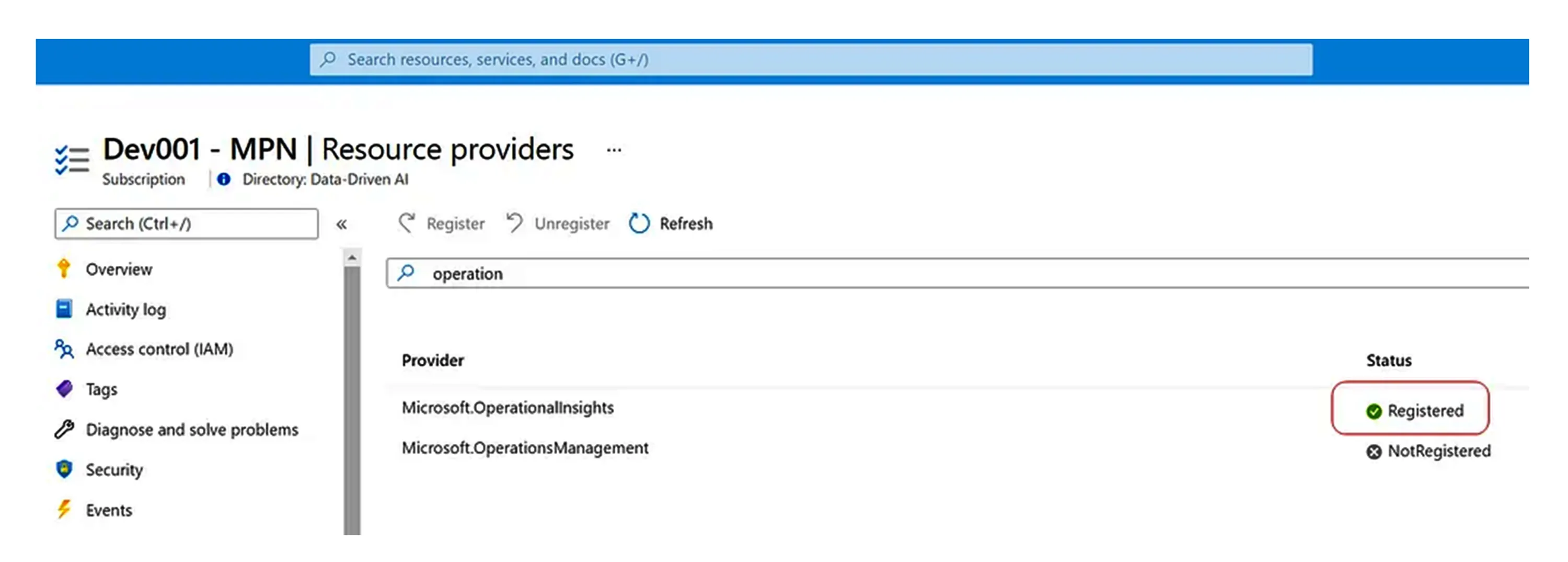 Resource providers list with Microsoft.OperationalInsights now showing the green Registered status