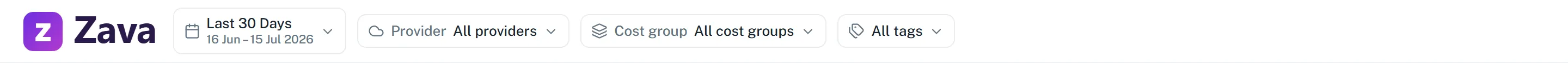 The CloudMonitor top bar showing the Period, Provider, Cost group and Virtual Tags filter chips