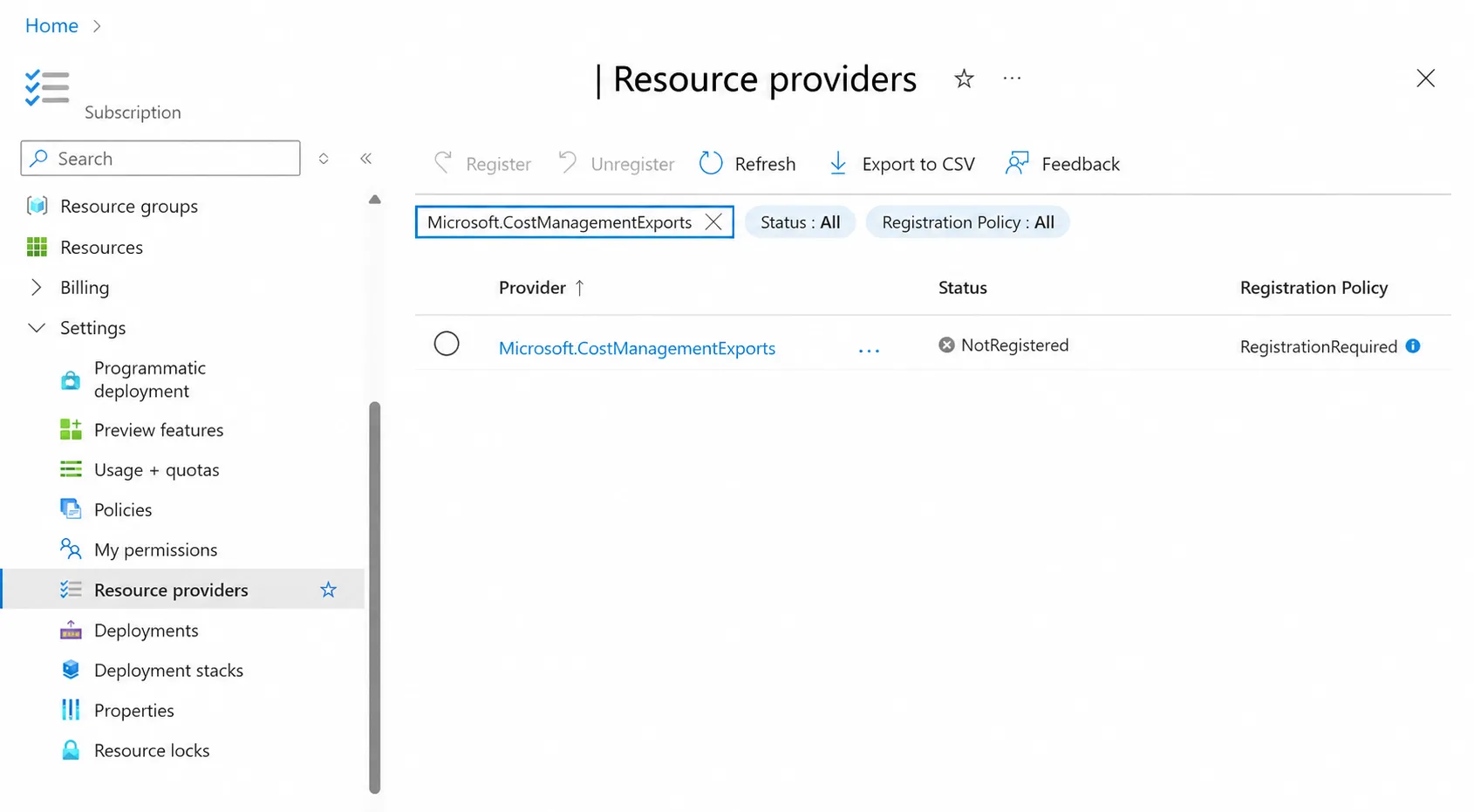 Resource providers filtered to Microsoft.CostManagementExports