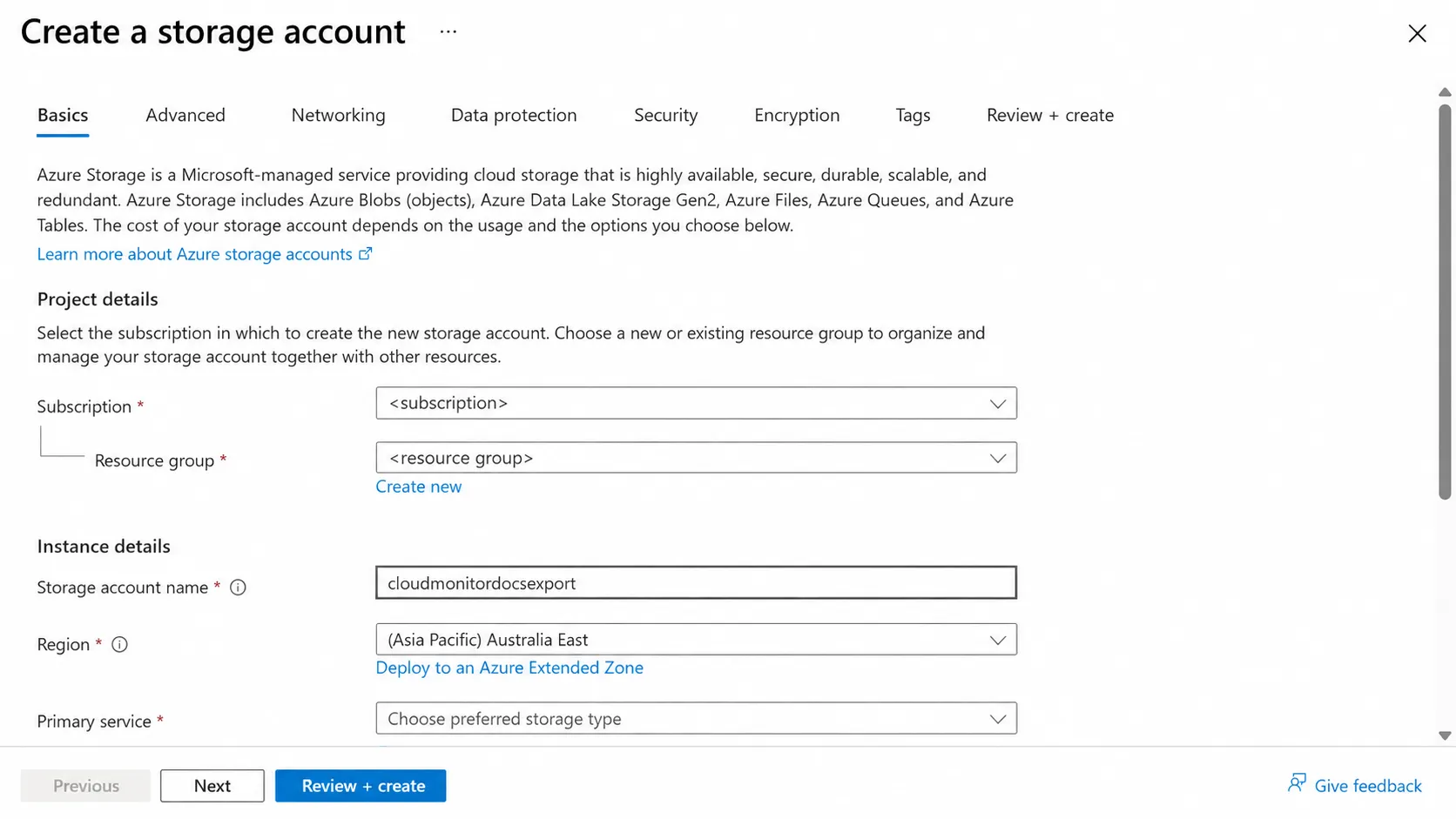 Create storage account basics with subscription, resource group, and name