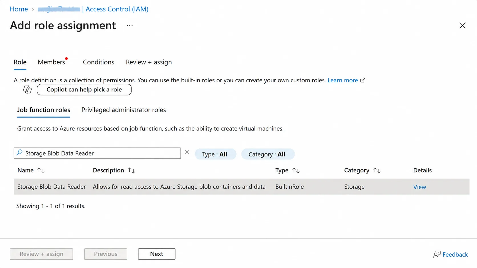 Storage Blob Data Reader selected in the role picker