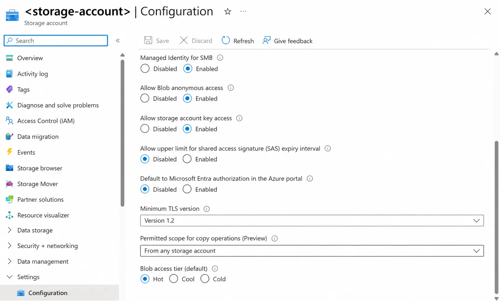 Storage account configuration showing permitted scope for copy operations