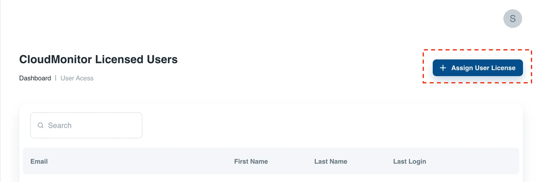 CloudMonitor License Users page listing assigned users with the Assign User License button visible