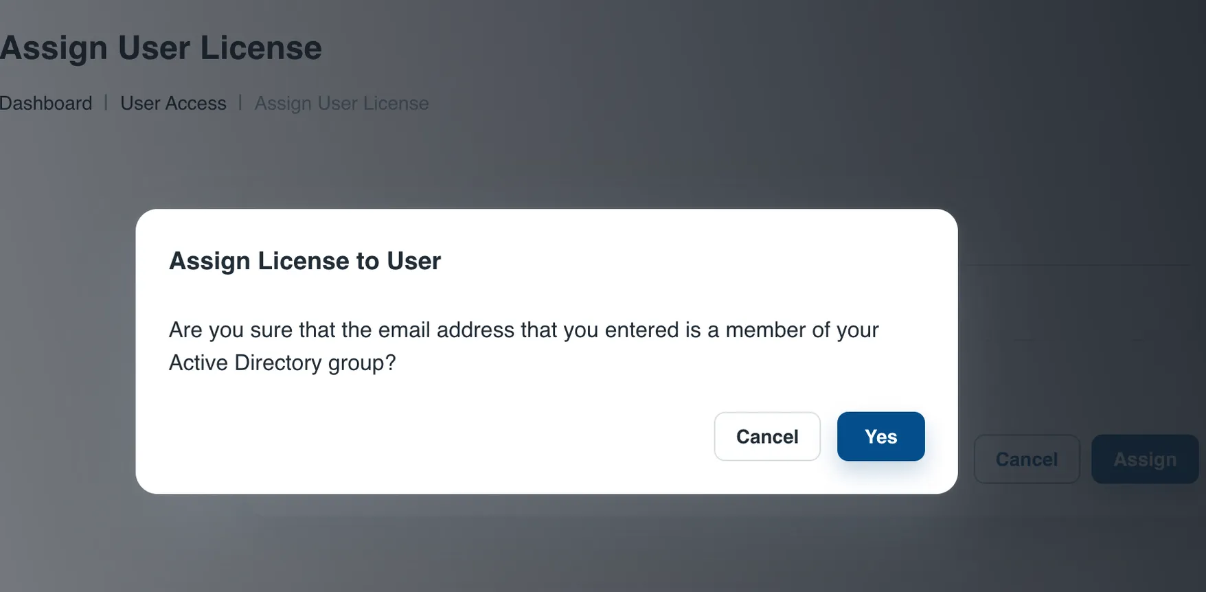 Confirmation dialog asking the admin to verify the email before assigning the license