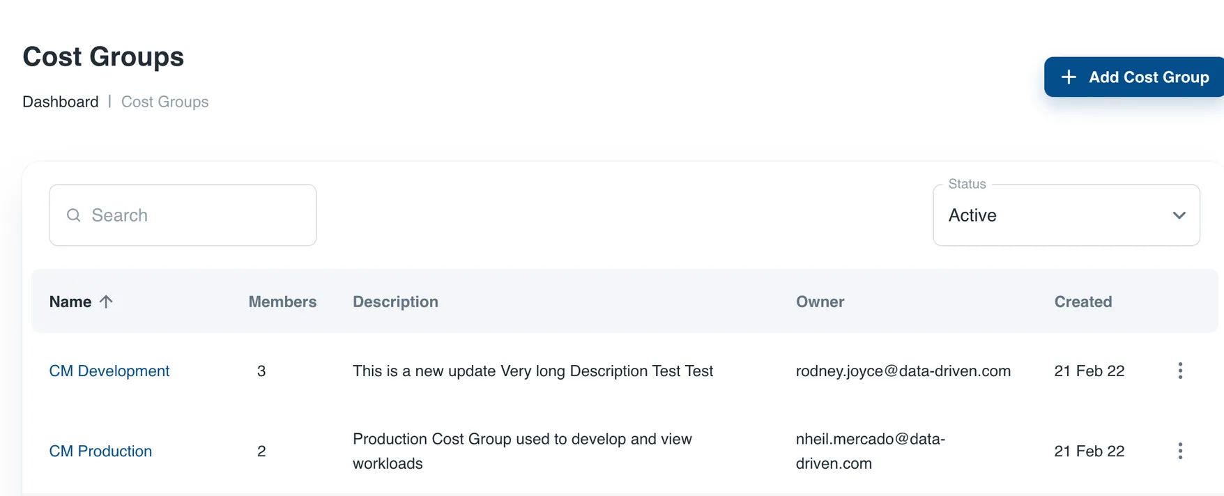 Cost Groups list with the search box used to locate a specific Cost Group by name