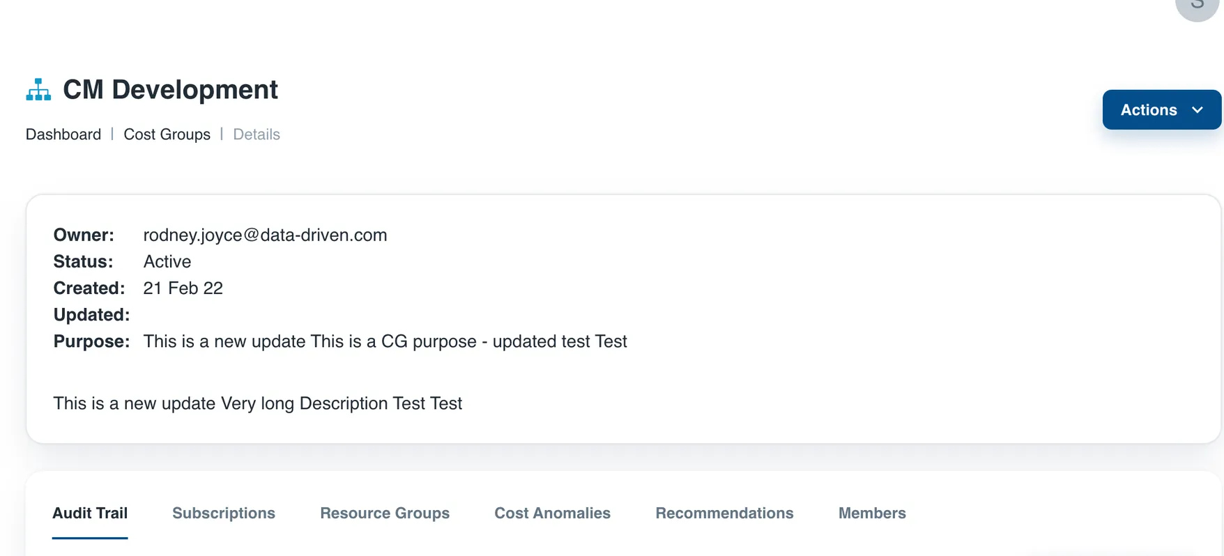 Cost Group detail page displaying budget, subscriptions, and member information for the selected group