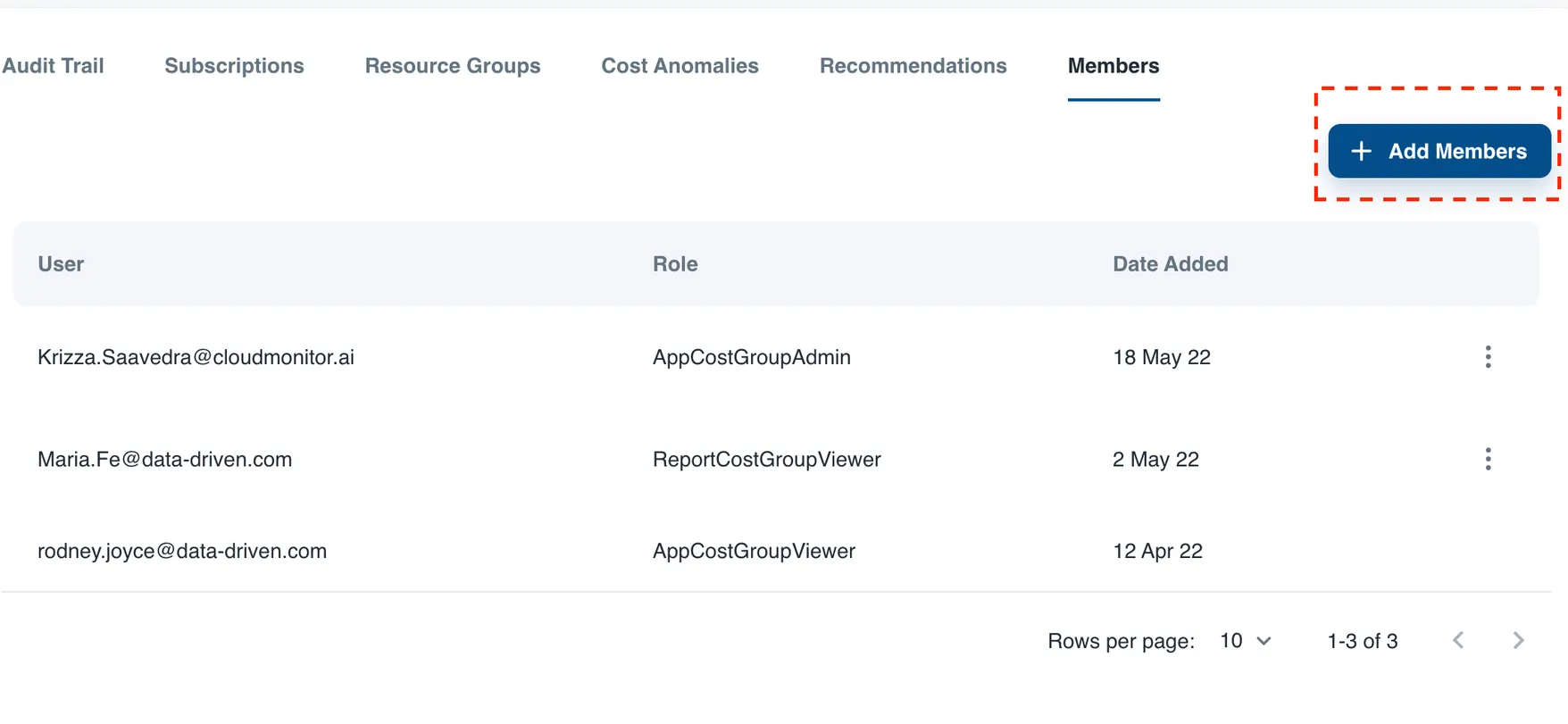 Members section of a Cost Group with the Add Member button highlighted