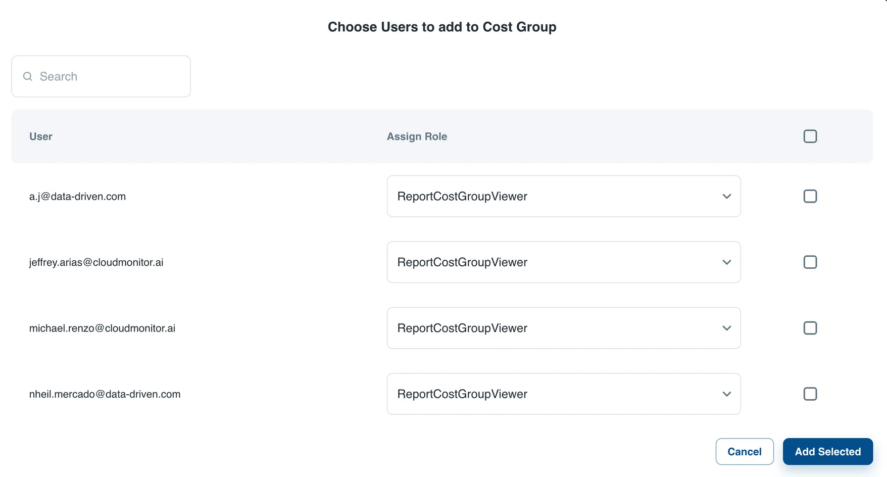 Add Member dialog listing available users and a role selector to assign to the Cost Group