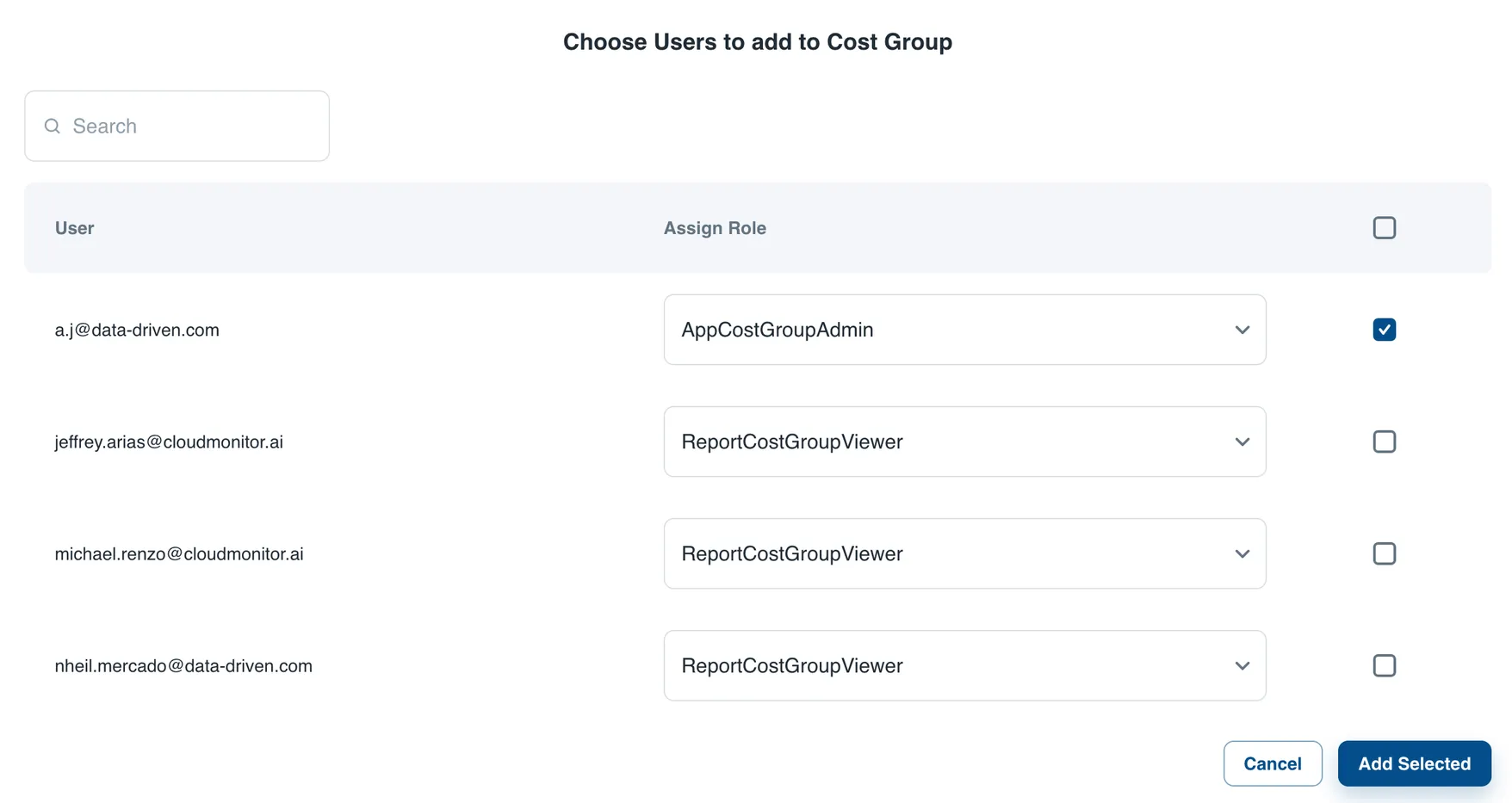 Add Member dialog with users ticked, roles assigned, and the Add Selected button ready to confirm