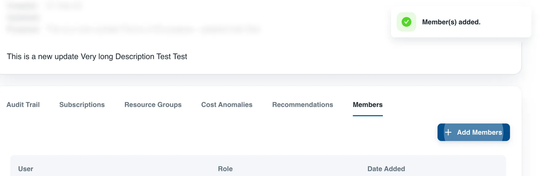 Success message confirming the user was added to the Cost Group