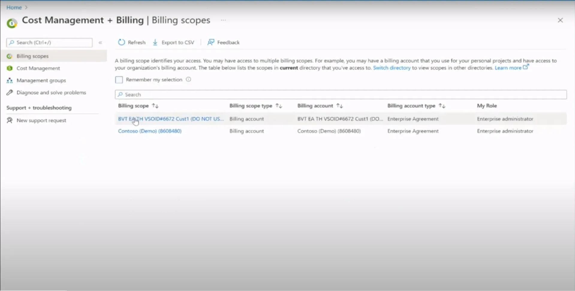 Azure portal Cost Management + Billing landing page for an Enterprise Agreement billing account