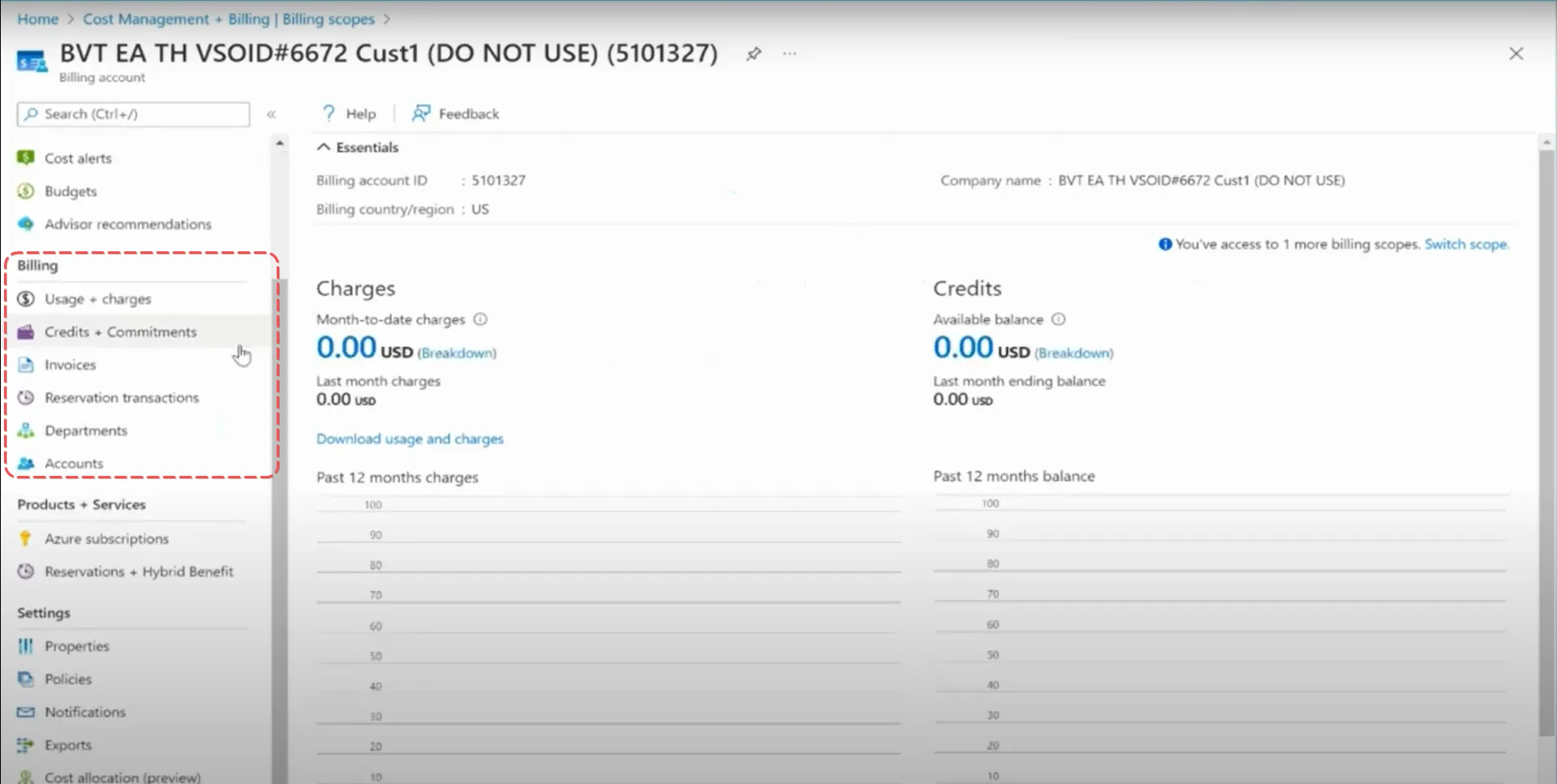 Left-hand menu of Cost Management + Billing with Departments and Accounts options selected