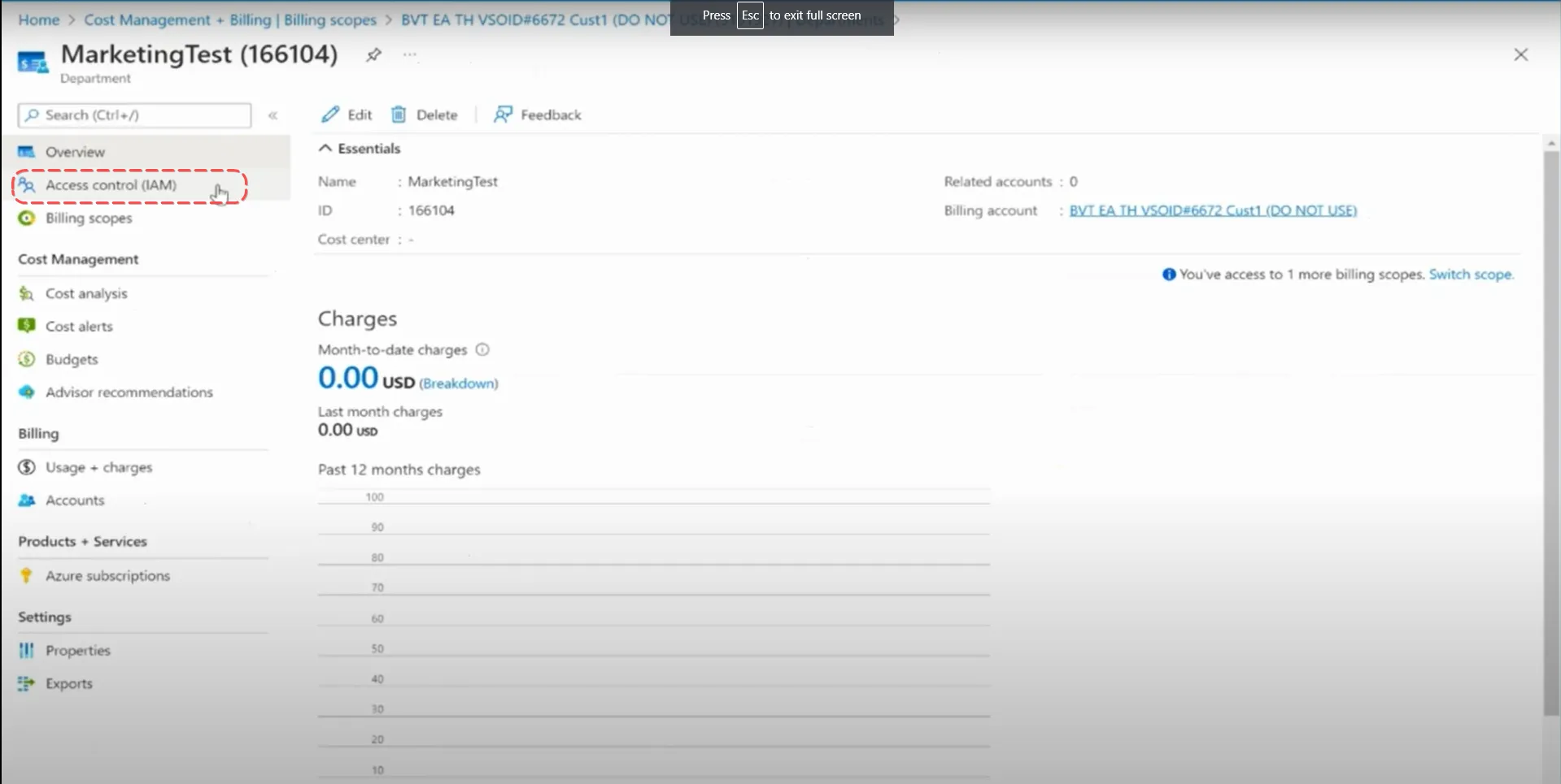 Access control (IAM) blade for the selected EA Department or Account