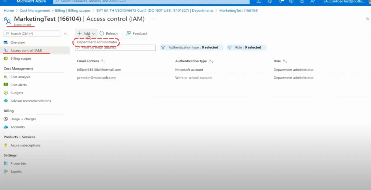 Access control + Add menu offering Department administrator or Account owner role assignments