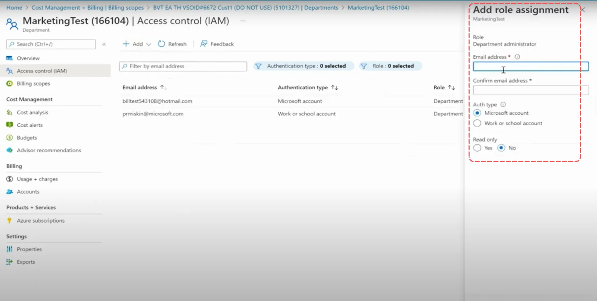 Add role form with email address, authentication type, and read-only access fields completed