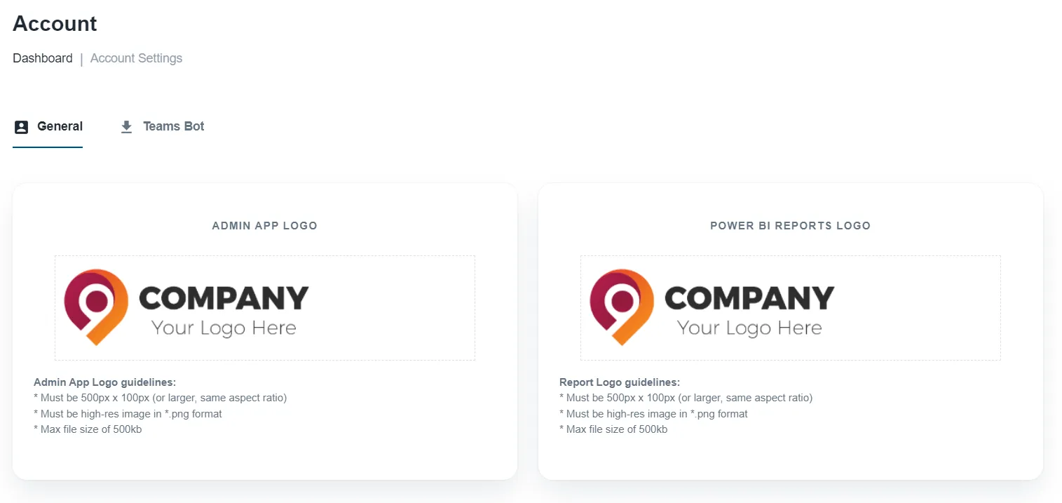 Settings page logo selectors for the Power BI report and Admin App, expecting a 500x100 PNG upload