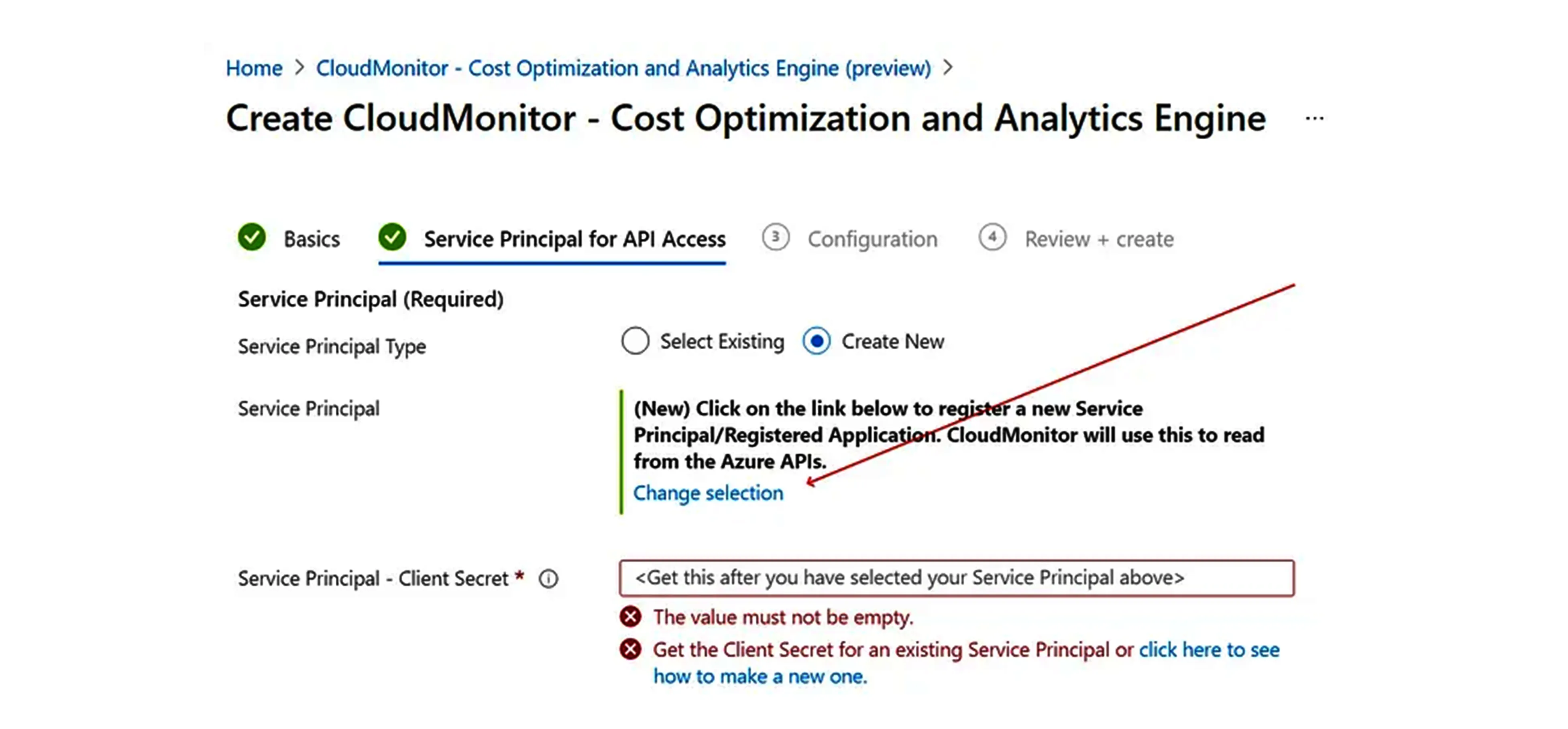 CloudMonitor install wizard Service Principal step with Create New selected and the Change selection link visible