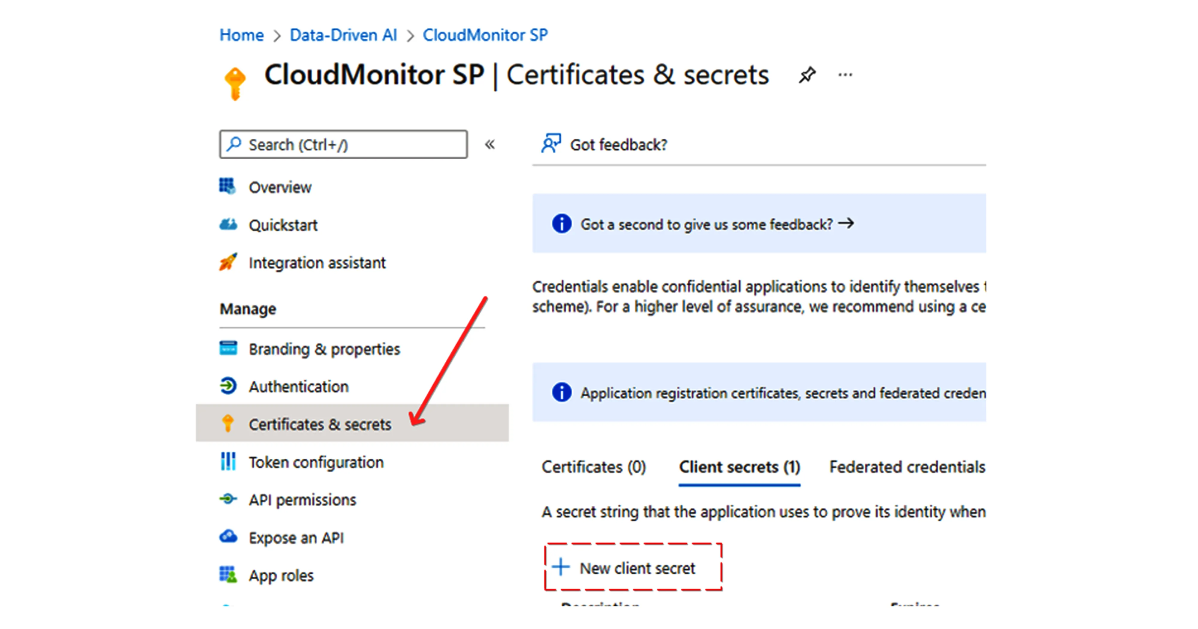 Certificates & secrets blade of the new service principal with the +New client secret button highlighted
