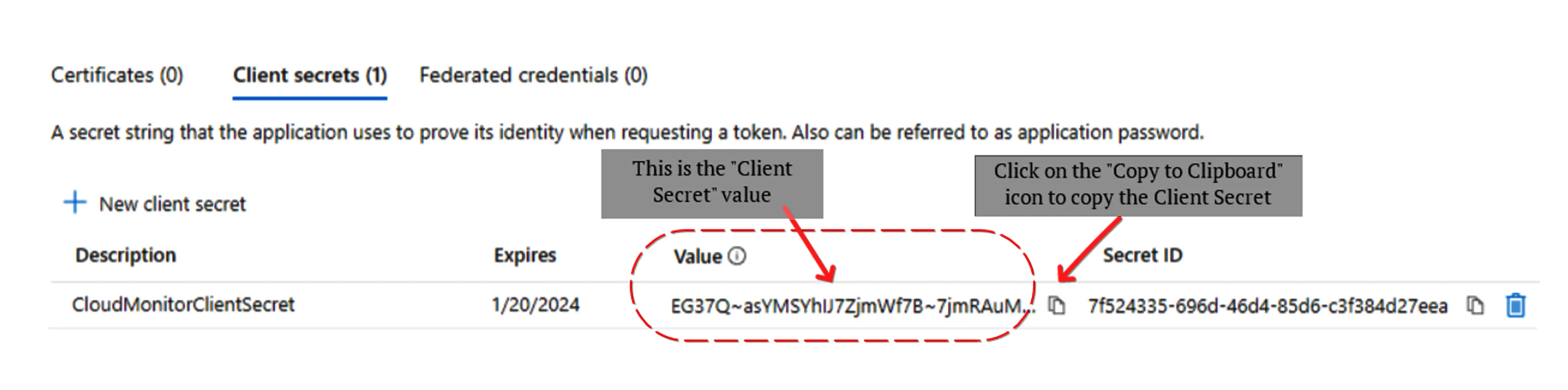 Newly created client secret listed with the Value column and copy-to-clipboard icon highlighted
