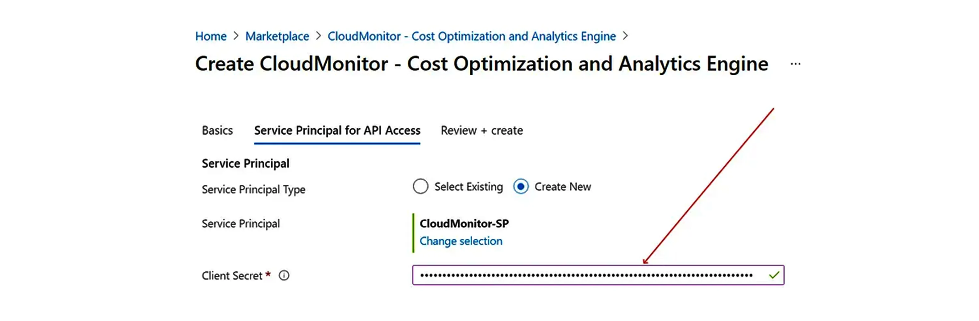 CloudMonitor install wizard Client Secret textbox with the copied secret value pasted in