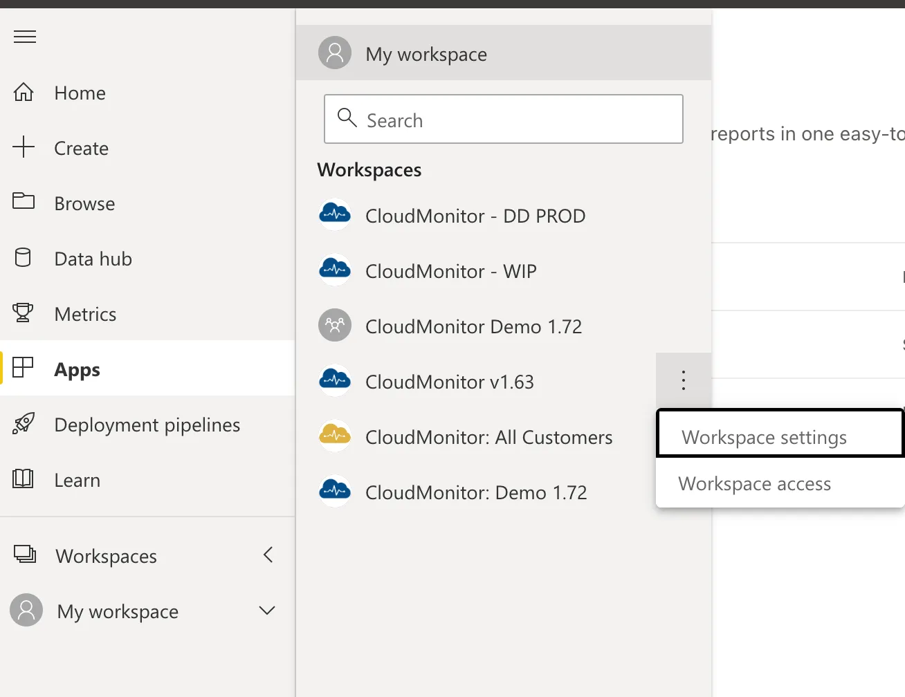 Power BI Workspaces list with the More Options menu opened next to the old CloudMonitor workspace