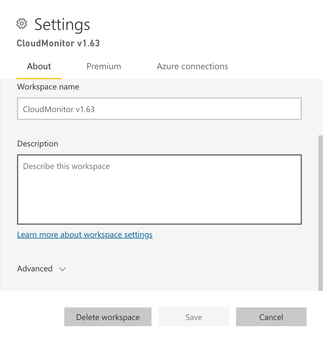 Power BI Workspace Settings panel open with general and access options visible