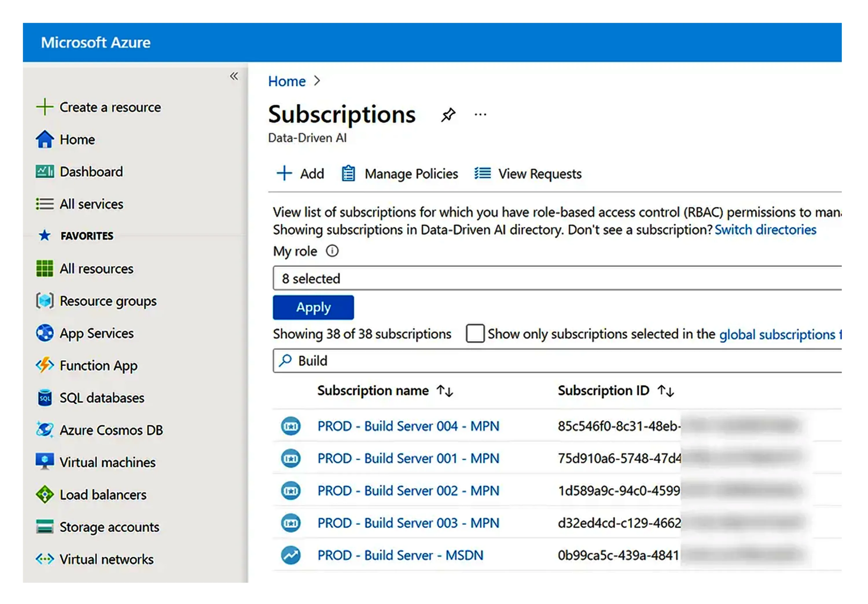 Azure portal Subscriptions list used to find the subscription you want to monitor