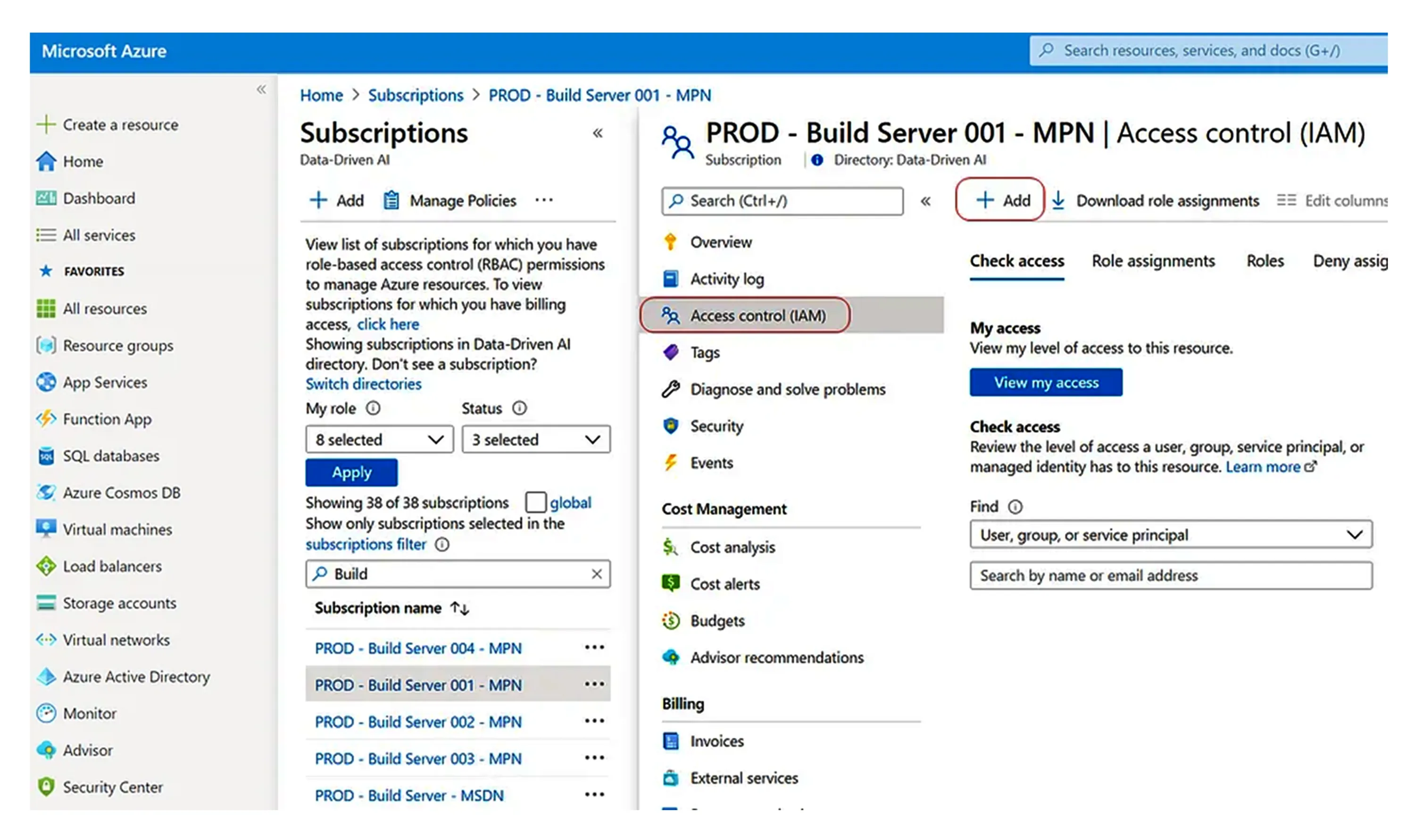 Azure subscription Access Control (IAM) blade with the + Add button highlighted