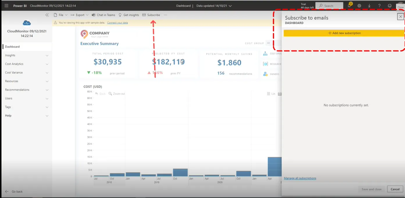 Power BI report toolbar with the Subscribe option open and the Add new subscription button highlighted
