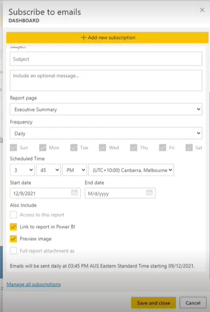 Power BI subscription form for setting subject, frequency, and scheduled send time