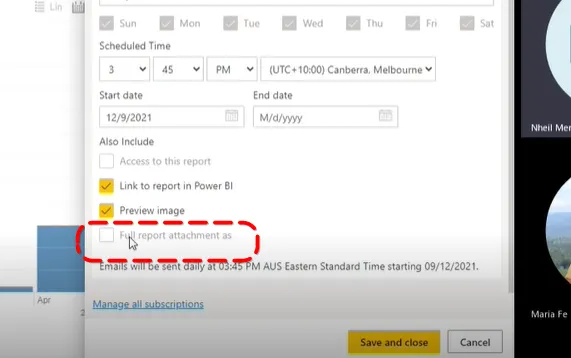 Full report attachment dropdown showing PDF and PPT options available on Premium Power BI workspaces