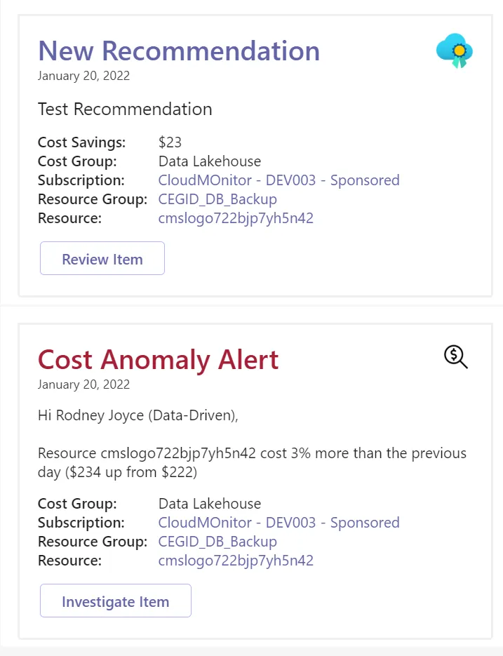 Microsoft Teams notification showing a CloudMonitor recommendation or cost anomaly alert sent to a resource owner